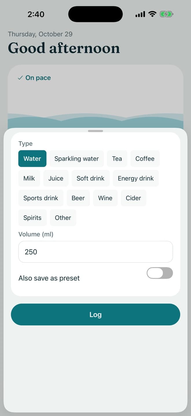Logging a drink: pick a type and volume