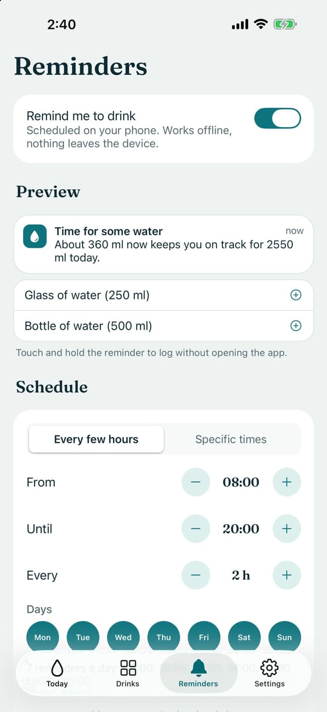 Reminders every two hours from 8:00 to 20:00