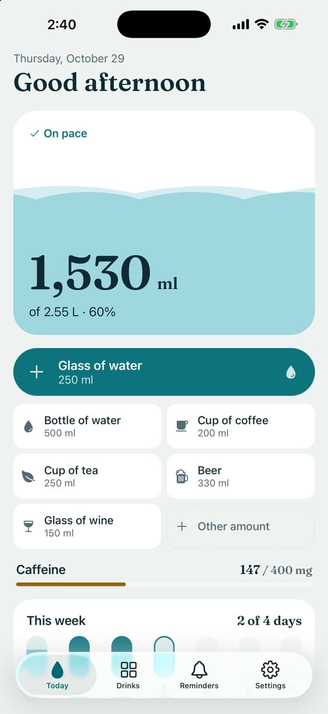 Today: 1,530 ml of a 2.55 L goal, on pace